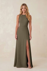 Round Neck Sheath Chiffon Appliqued Bridesmaid Dress in Willow Green - KISS BRIDAL Bridesmaid Dresses