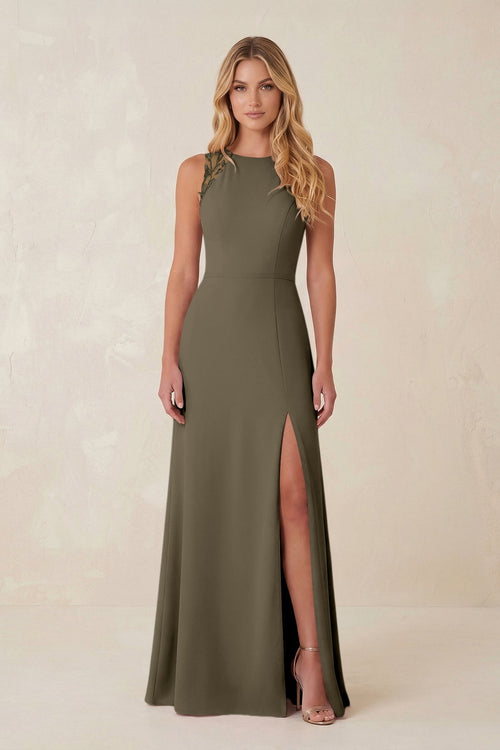 Round Neck Sheath Chiffon Appliqued Bridesmaid Dress in Willow Green - KISS BRIDAL Bridesmaid Dresses