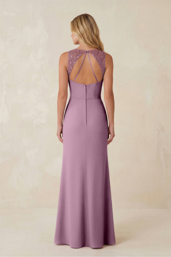 Round Neck Sheath Chiffon Appliqued Bridesmaid Dress in Wisteria - KISS BRIDAL Bridesmaid Dresses