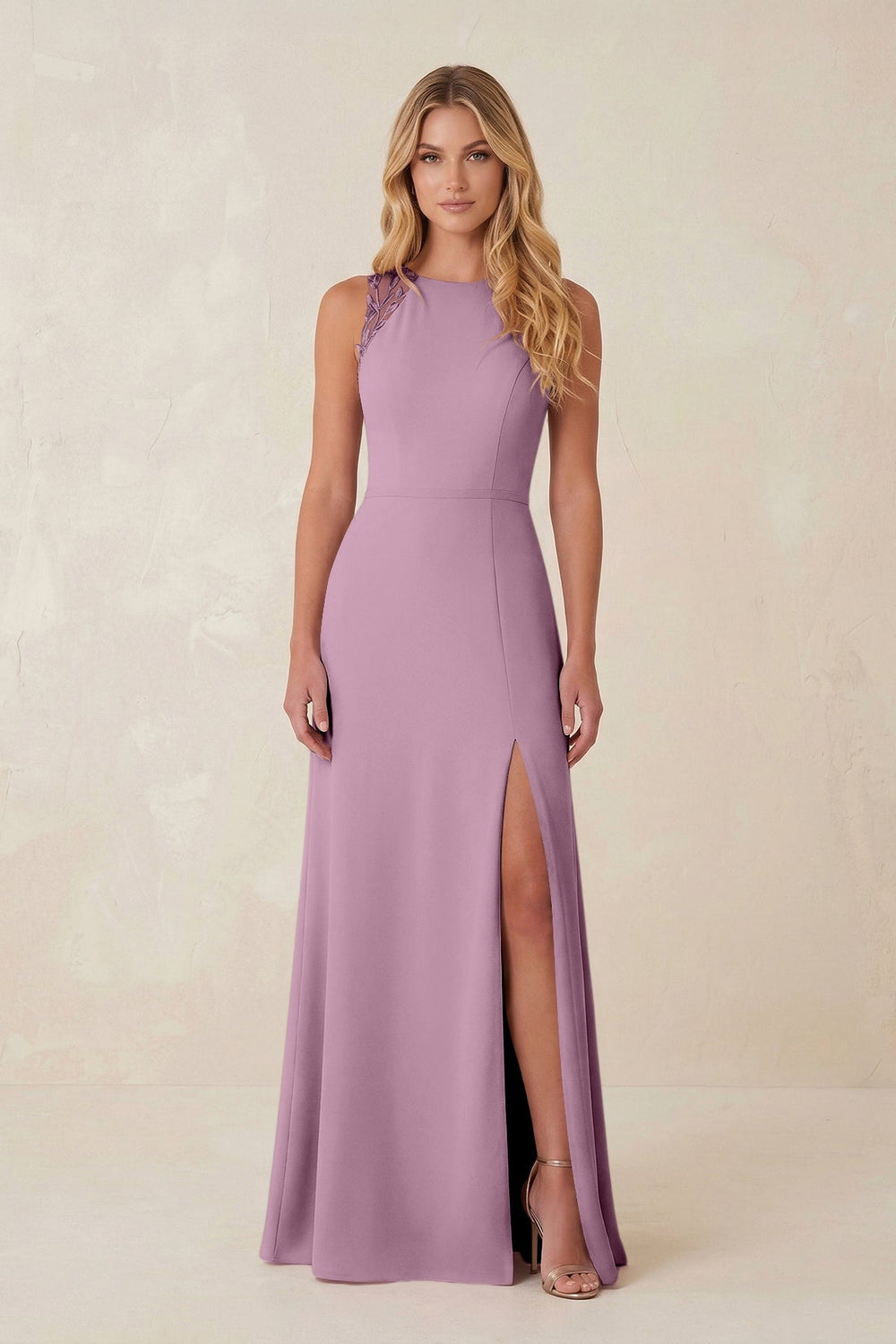 Round Neck Sheath Chiffon Appliqued Bridesmaid Dress in Wisteria - KISS BRIDAL Bridesmaid Dresses