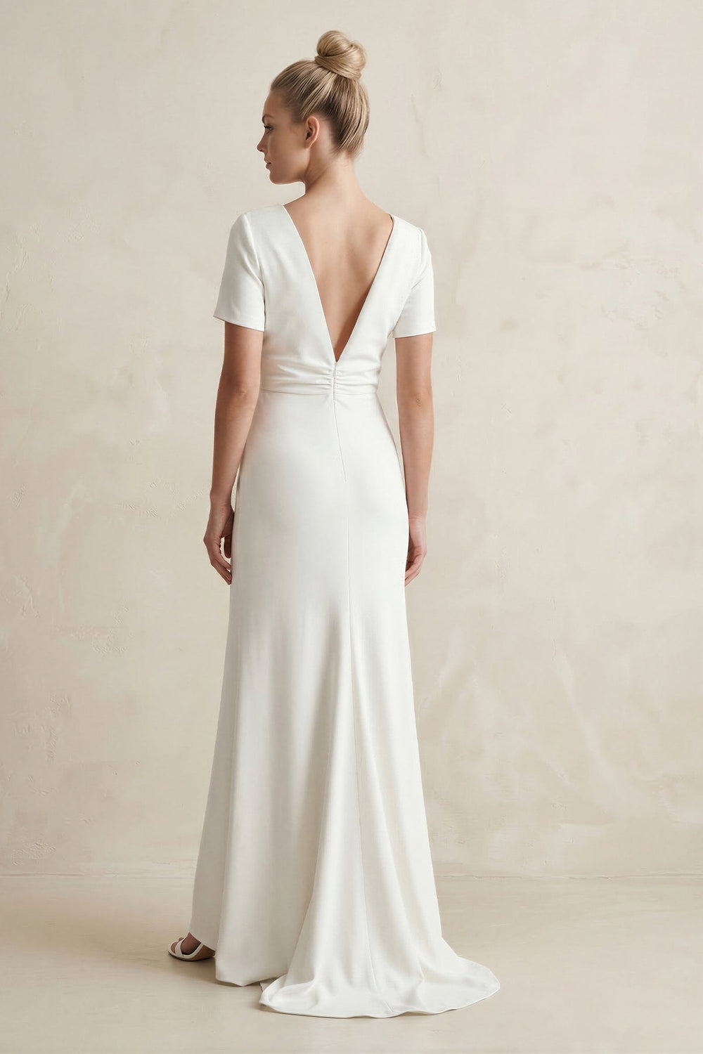 Round Neck Sheath Satin Short Sleeve Wedding Dress in White - KISS BRIDAL Wedding Dresses