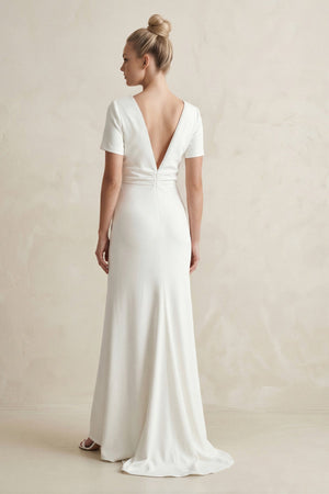 Round Neck Sheath Satin Short Sleeve Wedding Dress in White - SHE IS ME Wedding Dresses