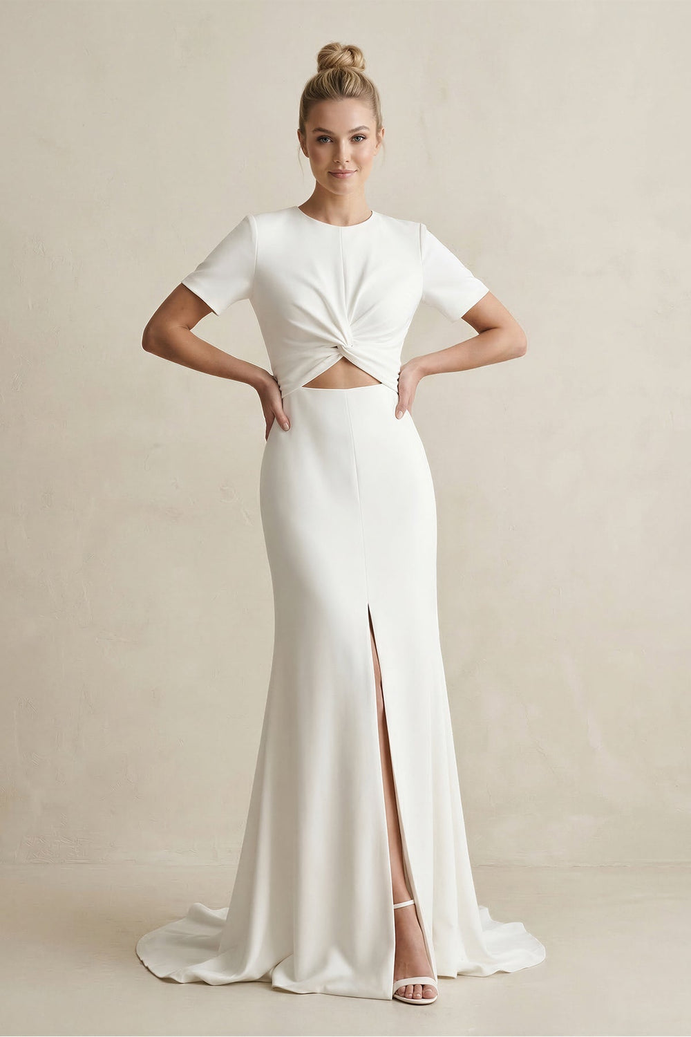 Round Neck Sheath Satin Short Sleeve Wedding Dress in White - KISS BRIDAL Wedding Dresses
