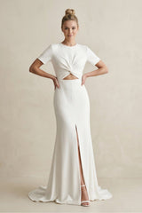 Round Neck Sheath Satin Short Sleeve Wedding Dress in White - KISS BRIDAL Wedding Dresses