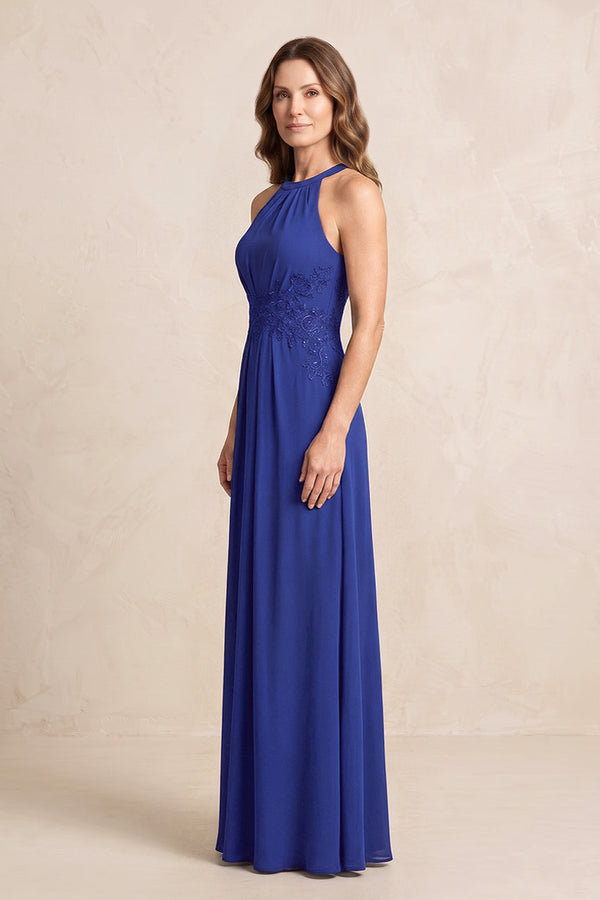 Royal Blue A-Line Chiffon Embroidered Halter Mother of the Bride Dress (3) | KISSBRIDAL
