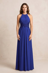 Royal Blue A-Line Chiffon Embroidered Halter Mother of the Bride Dress | KISSBRIDAL
