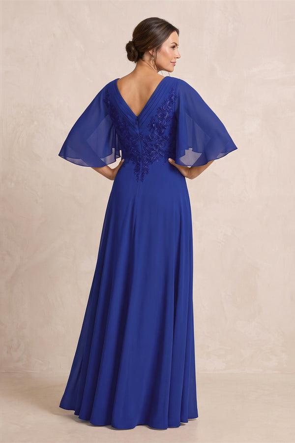 Royal Blue A-Line Embroidered Chiffon Mother of the Bride Dress With Sleeves (2) | KISSBRIDAL