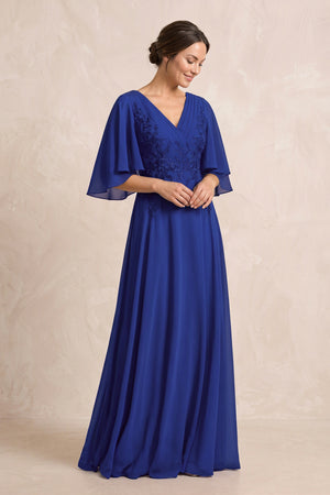 Royal Blue A-Line Embroidered Chiffon Mother of the Bride Dress With Sleeves | KISSBRIDAL