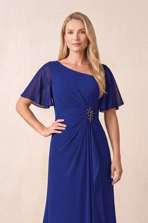 Royal Blue A-Line Ruched Chiffon Mother of the Bride Dress with Ruffled Sleeves (3) | KISSBRIDAL