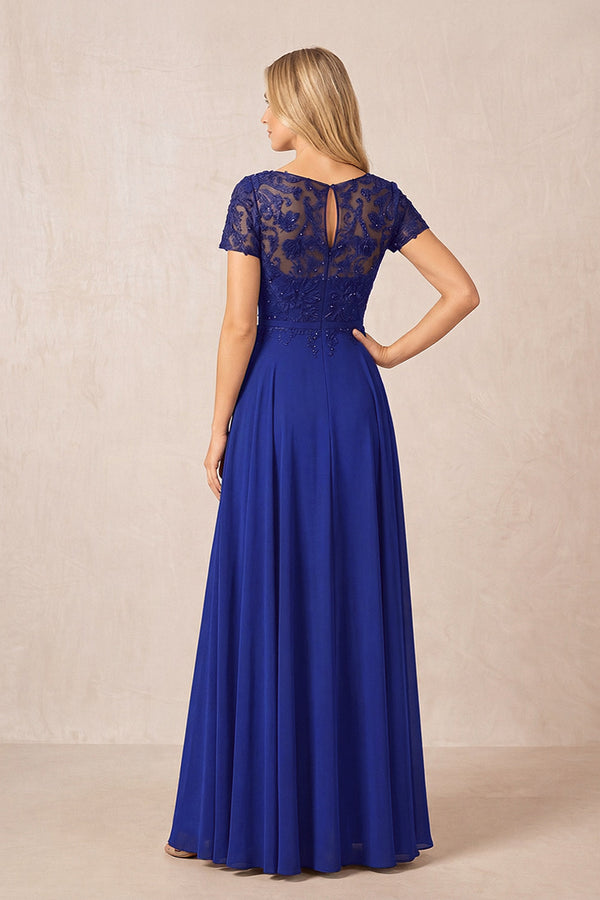 Royal Blue Boat Neck Chiffon A-Line Embroidered Mother of the Bride Dress with Sleeves (2) | KISSBRIDAL
