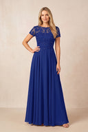 Royal Blue Boat Neck Chiffon A-Line Embroidered Mother of the Bride Dress with Sleeves | KISSBRIDAL