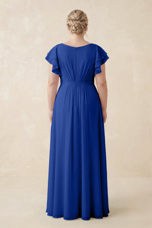 Royal Blue Cap Sleeve Ruffled A-Line Chiffon Bridesmaid Dress (2) | KISSBRIDAL