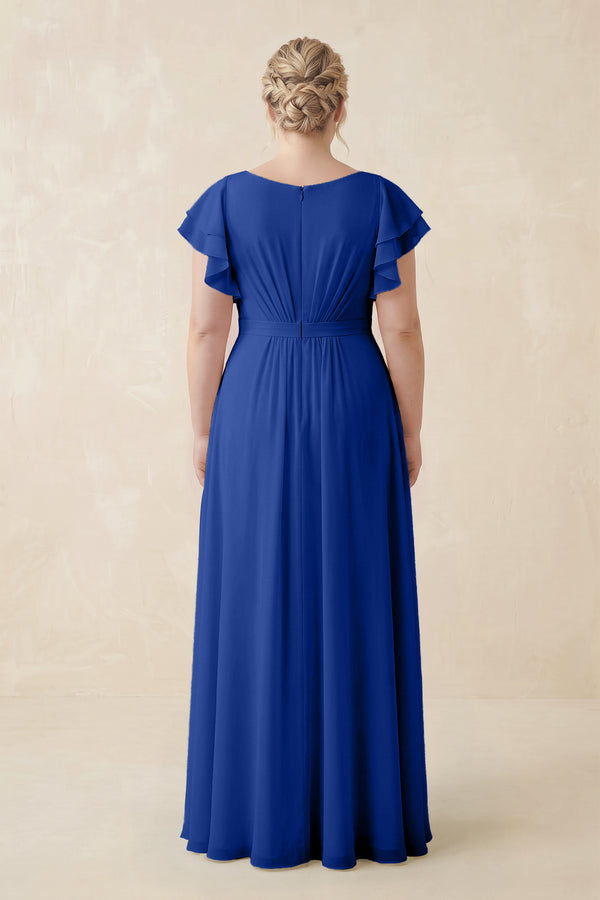 Royal Blue Cap Sleeve Ruffled A-Line Chiffon Bridesmaid Dress (2) | KISSBRIDAL