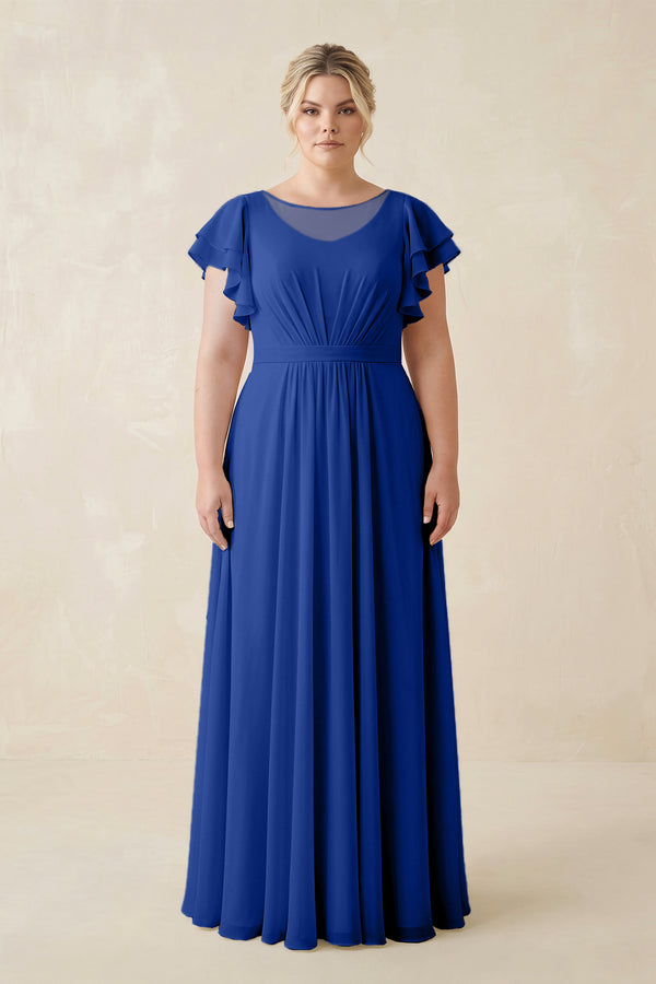 Royal Blue Cap Sleeve Ruffled A-Line Chiffon Bridesmaid Dress | KISSBRIDAL