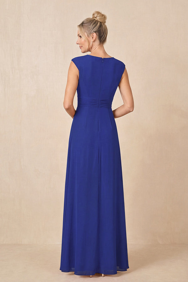 Royal Blue Cap Sleeves A-Line Chiffon Pleated Ruffled Mother of the Bride Dress (2) | KISSBRIDAL