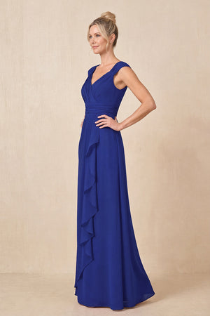 Royal Blue Cap Sleeves A-Line Chiffon Pleated Ruffled Mother of the Bride Dress (3) | KISSBRIDAL