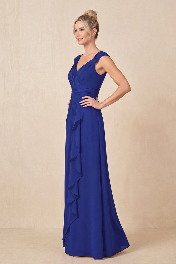 Royal Blue Cap Sleeves A-Line Chiffon Pleated Ruffled Mother of the Bride Dress (3) | KISSBRIDAL