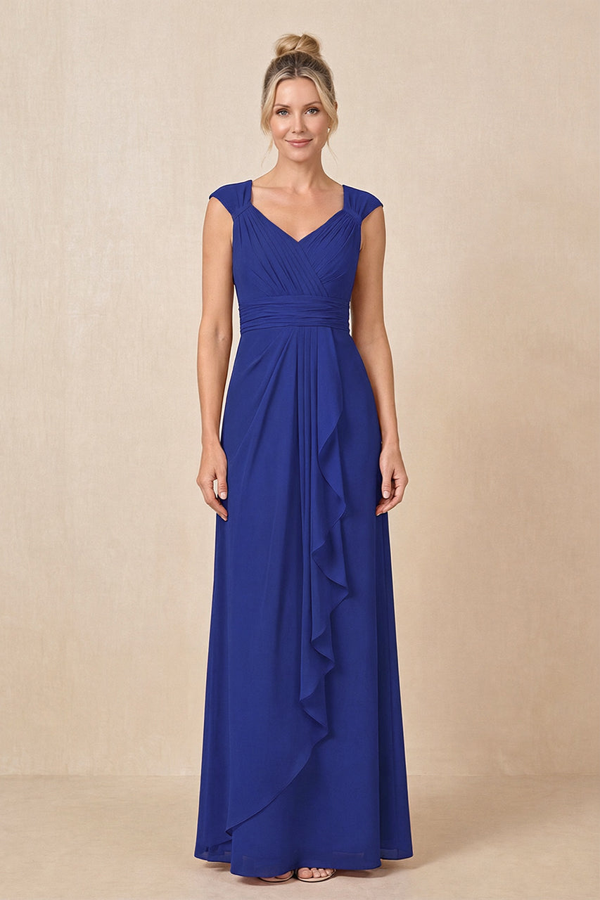 Royal Blue Cap Sleeves A-Line Chiffon Pleated Ruffled Mother of the Bride Dress