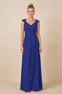 Royal Blue Cap Sleeves A-Line Chiffon Pleated Ruffled Mother of the Bride Dress | KISSBRIDAL