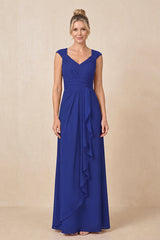 Royal Blue Cap Sleeves A-Line Chiffon Pleated Ruffled Mother of the Bride Dress | KISSBRIDAL