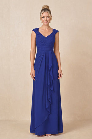 Royal Blue Cap Sleeves A-Line Chiffon Pleated Ruffled Mother of the Bride Dress | KISSBRIDAL