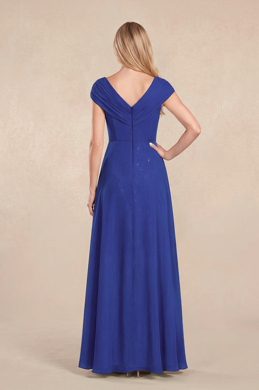 Royal Blue Cap Sleeves Chiffon A-Line Lace V-Neck Mother of the Bride Dress