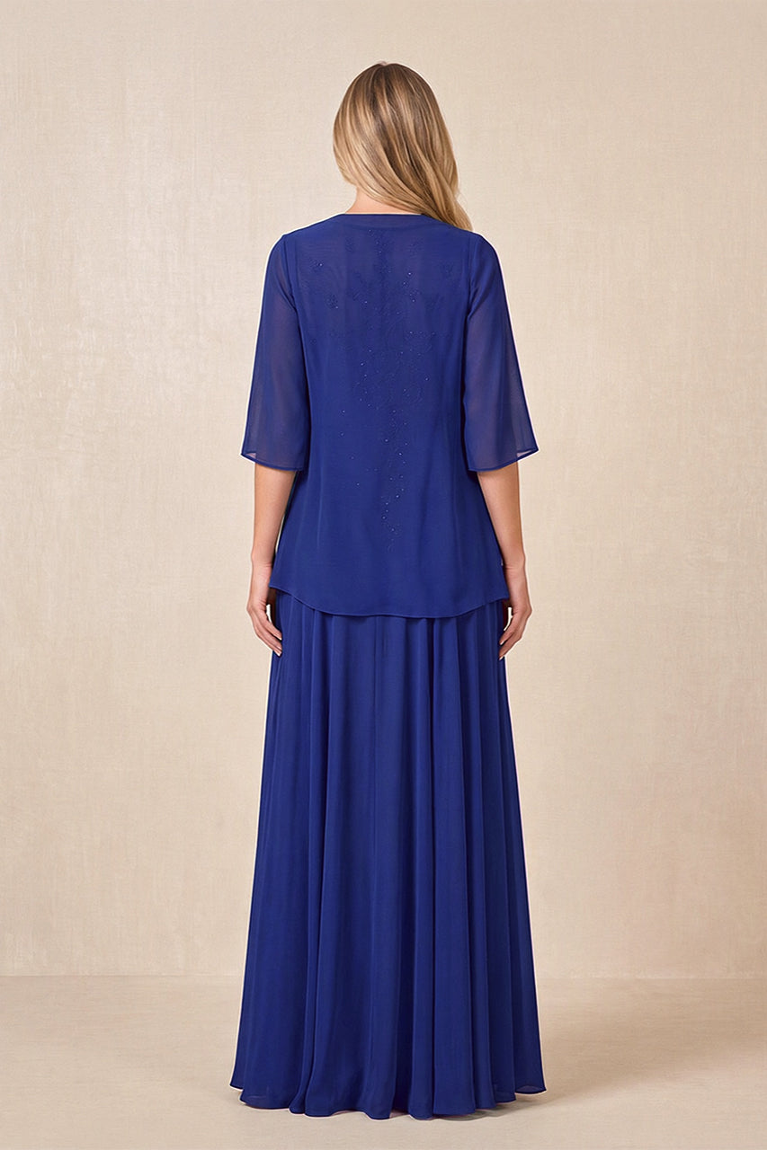 Royal Blue Cape Sleeves A-Line Chiffon Scoop Neck Embroidered Mother of the Bride Dress