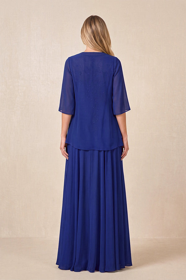 Royal Blue Cape Sleeves A-Line Chiffon Scoop Neck Embroidered Mother of the Bride Dress (2) | KISSBRIDAL