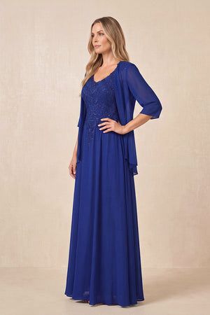 Royal Blue Cape Sleeves A-Line Chiffon Scoop Neck Embroidered Mother of the Bride Dress (3) | KISSBRIDAL