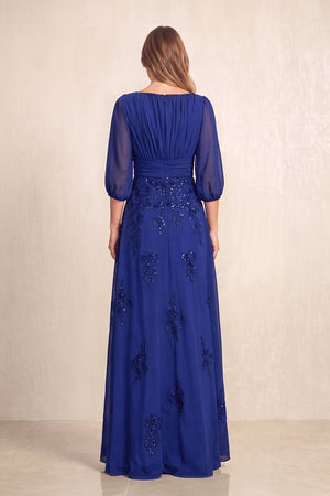 Royal Blue Chiffon A-Line Embroidered Boat Neck Long Mother of the Bride Dress (2) | KISSBRIDAL