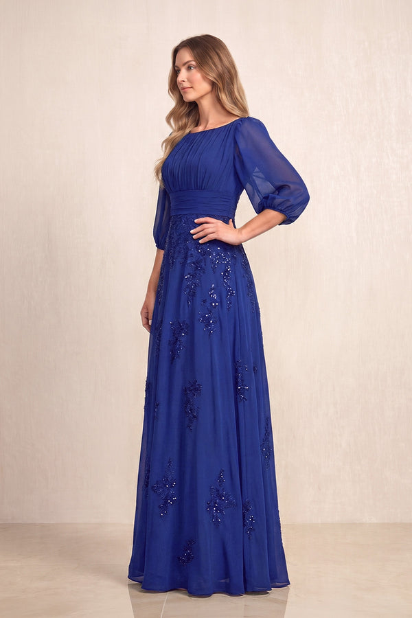 Royal Blue Chiffon A-Line Embroidered Boat Neck Long Mother of the Bride Dress (3) | KISSBRIDAL