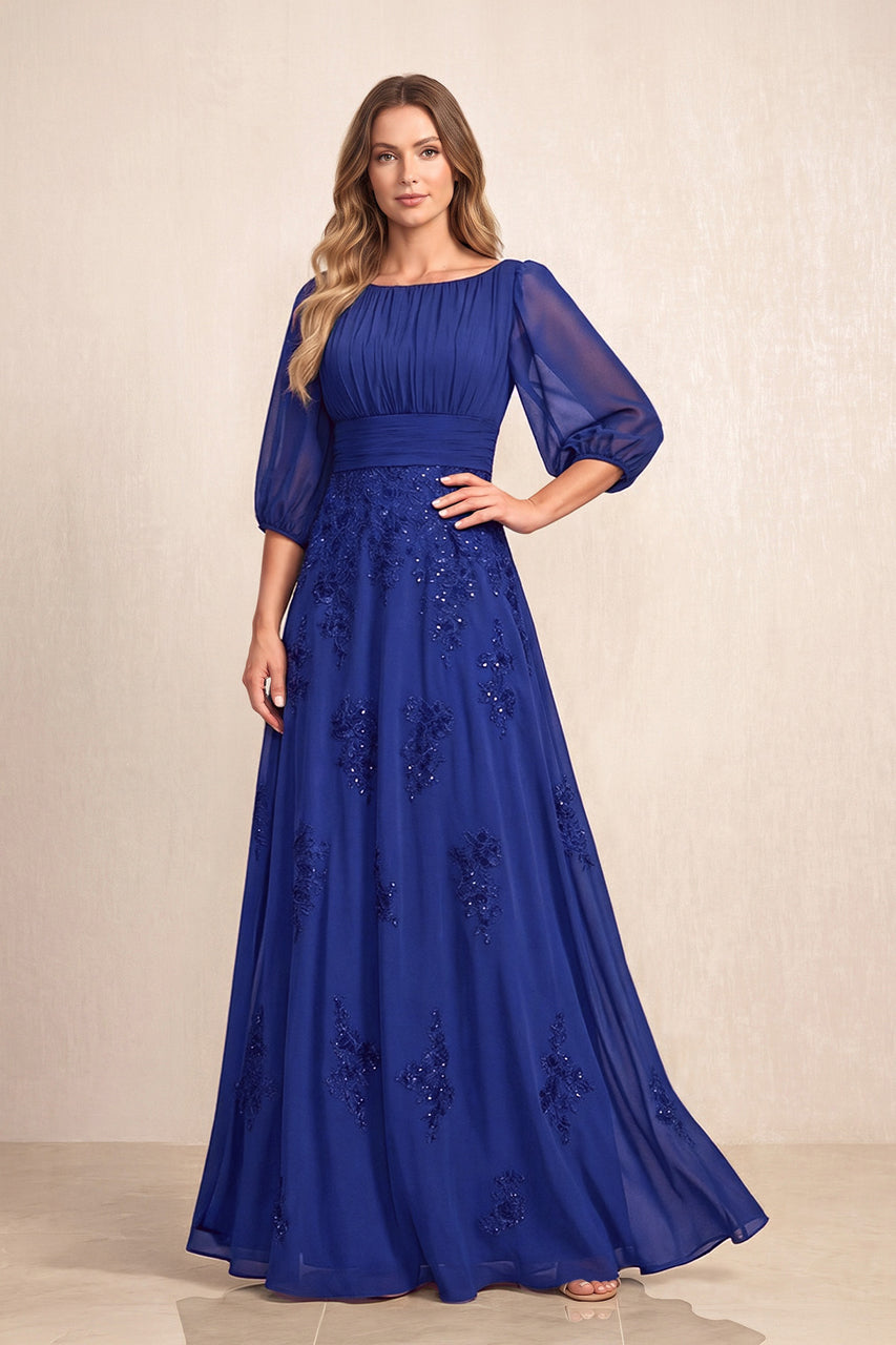 Royal Blue Chiffon A-Line Embroidered Boat Neck Long Mother of the Bride Dress