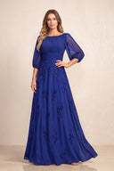Royal Blue Chiffon A-Line Embroidered Boat Neck Long Mother of the Bride Dress | KISSBRIDAL