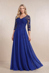 Royal Blue Chiffon A-Line Embroidered Mother of the Bride Dress With Sleeves | KISSBRIDAL