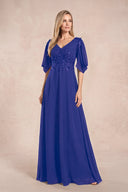 Royal Blue Chiffon Lone Sleeves A-Line V-Neck Embroidered Mother of the Bride Dress | KISSBRIDAL