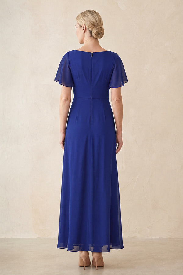 Royal Blue Chiffon Ruched A-Line Ruffled Sleeves Midi Mother of the Bride Dress (2) | KISSBRIDAL
