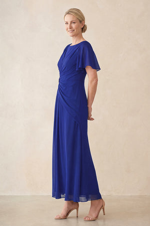 Royal Blue Chiffon Ruched A-Line Ruffled Sleeves Midi Mother of the Bride Dress (3) | KISSBRIDAL