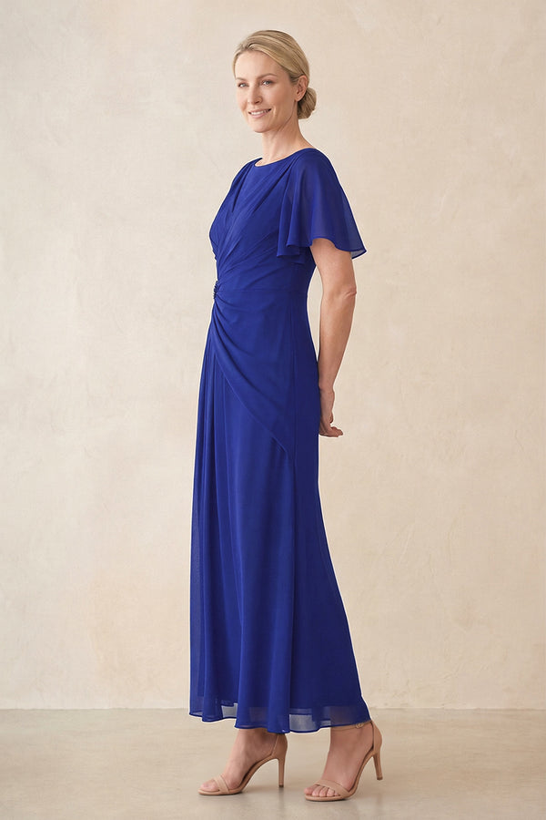 Royal Blue Chiffon Ruched A-Line Ruffled Sleeves Midi Mother of the Bride Dress (3) | KISSBRIDAL