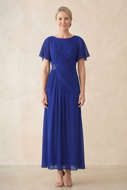 Royal Blue Chiffon Ruched A-Line Ruffled Sleeves Midi Mother of the Bride Dress | KISSBRIDAL