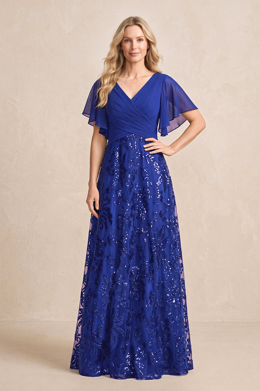 Royal Blue Chiffon V-Neck A-Line Embroidered Mother of the Bride Dress with Ruffled Sleeves