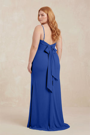 Royal Blue Cowl Neck Sheath Chiffon Bridesmaid Dress with Corset (2) | KISSBRIDAL