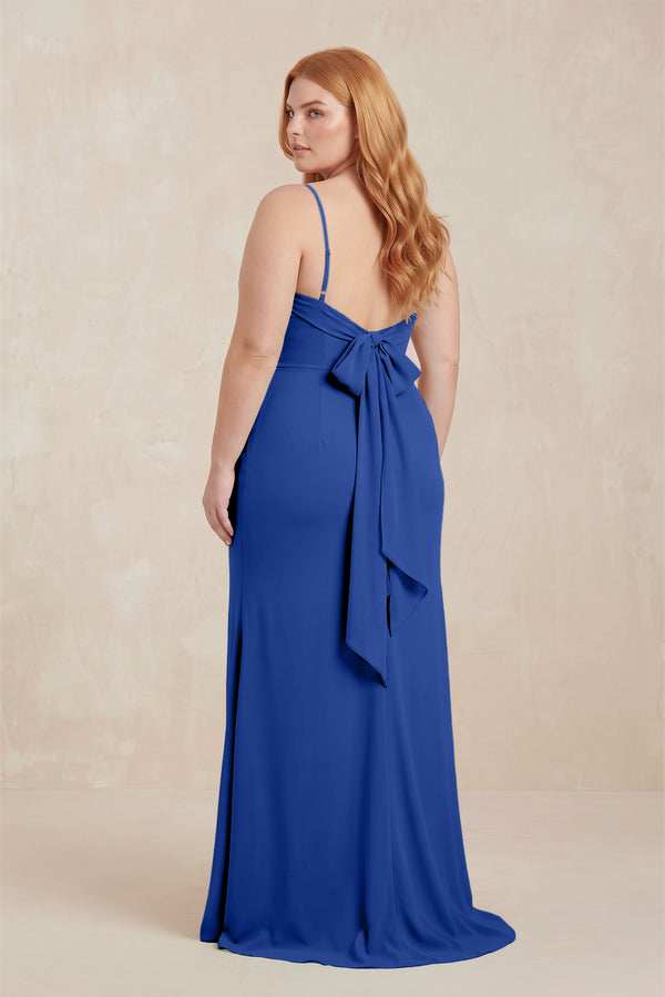 Royal Blue Cowl Neck Sheath Chiffon Bridesmaid Dress with Corset (2) | KISSBRIDAL
