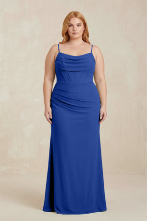Royal Blue Cowl Neck Sheath Chiffon Bridesmaid Dress with Corset | KISSBRIDAL