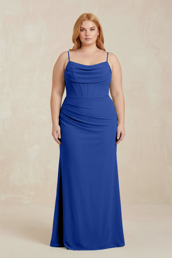 Royal Blue Cowl Neck Sheath Chiffon Bridesmaid Dress with Corset | KISSBRIDAL