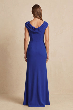 Royal Blue Cowl Neck Sheath Chiffon Mother of the Bride Dress with Slit and Cap Sleeves (2) | KISSBRIDAL