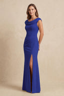 Royal Blue Cowl Neck Sheath Chiffon Mother of the Bride Dress with Slit and Cap Sleeves | KISSBRIDAL