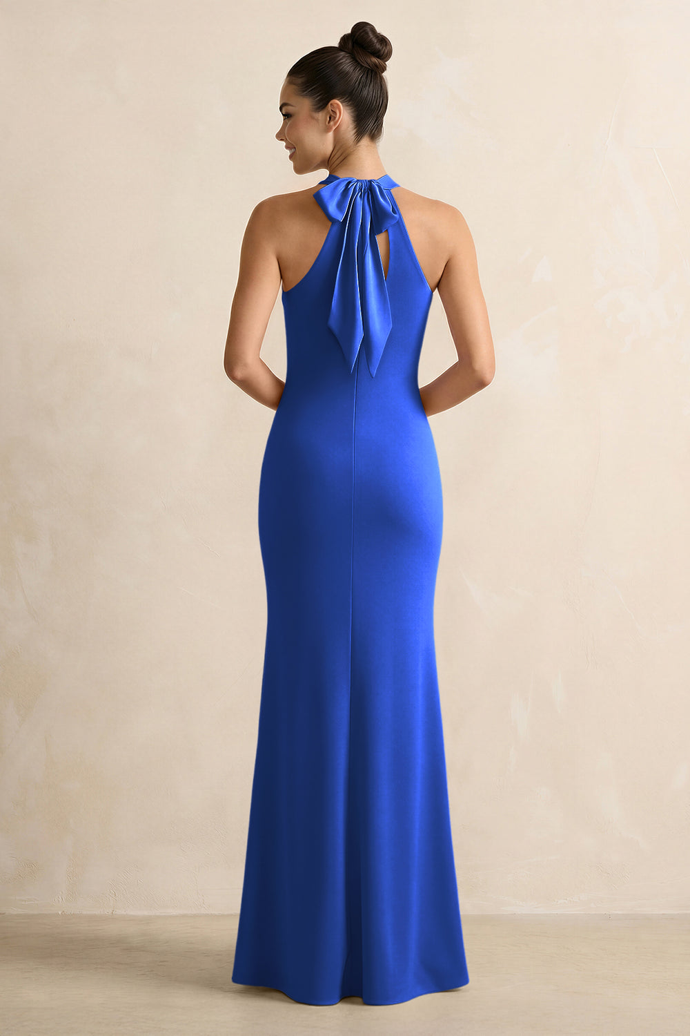 Crisscross Halter Sheath Satin Bridesmaid Dress with Bow in Royal Blue