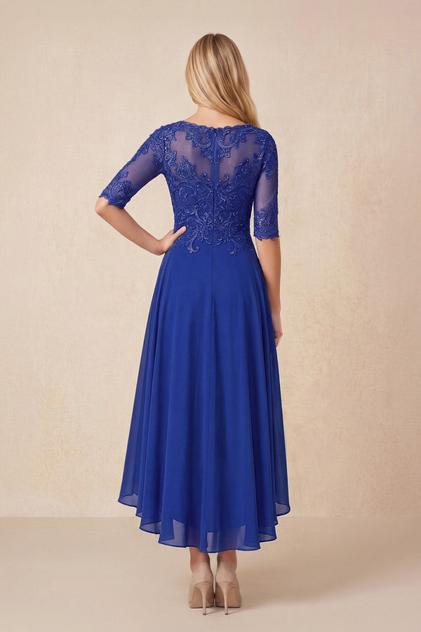 Royal Blue Embroidered A-Line Chiffon Midi Mother of the Bride Dress with Sleeves (2) | KISSBRIDAL