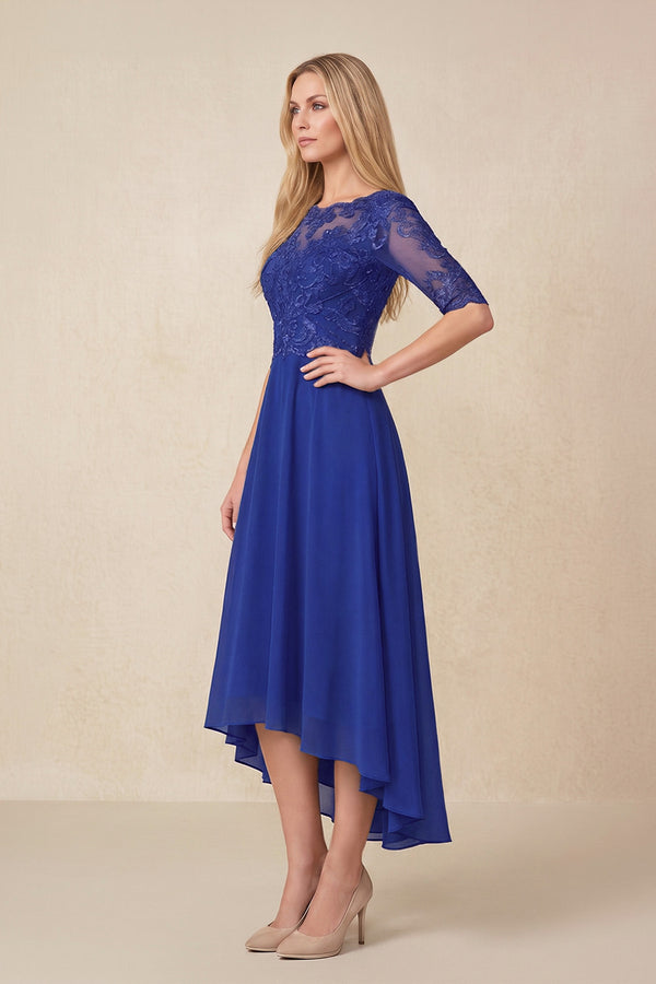 Royal Blue Embroidered A-Line Chiffon Midi Mother of the Bride Dress with Sleeves (3) | KISSBRIDAL