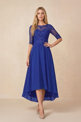 Royal Blue Embroidered A-Line Chiffon Midi Mother of the Bride Dress with Sleeves | KISSBRIDAL